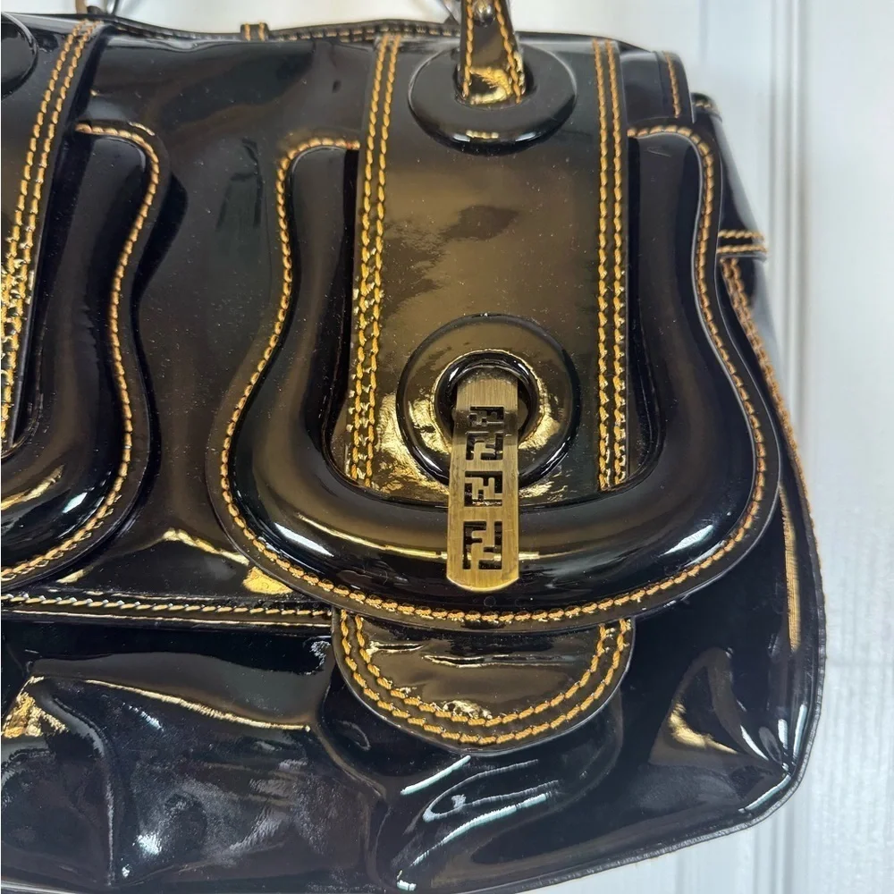 Fendi Black Patent Leather B Shoulder Hobo Bag New Condition Authentic